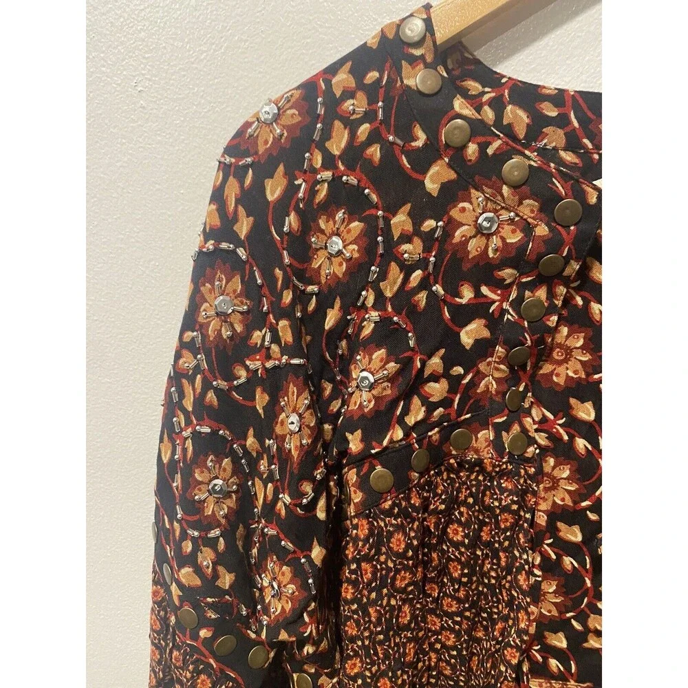 Free People Women's Malia Embellished Floral Babydoll Top Black Combo medium